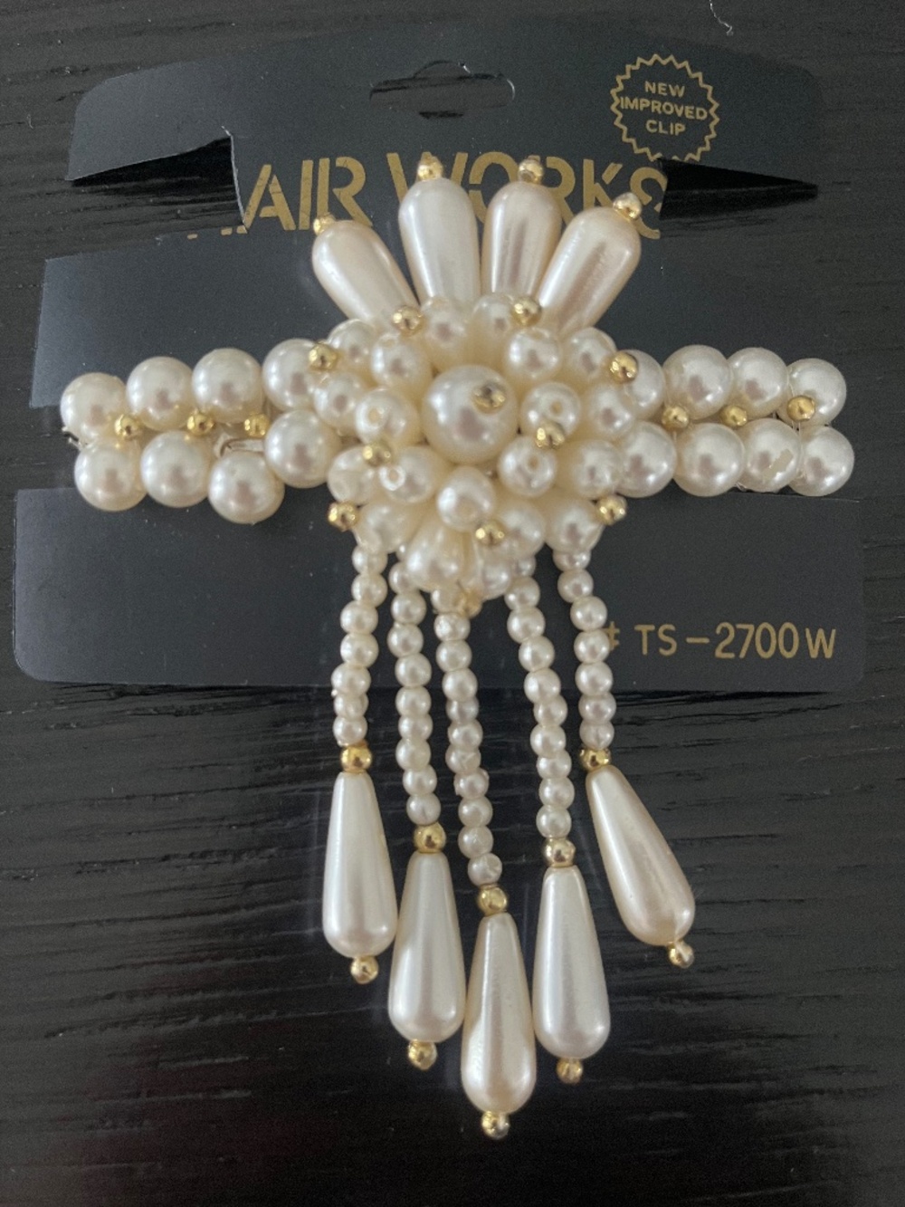 Vintage 90s Hair Works Barrette, Faux Pearl, Gold Beades, NWT